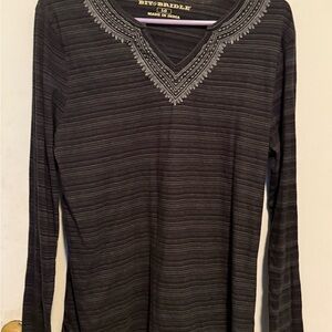 Bit & Bridle Charcoal Long Sleeve Top with Embroidery